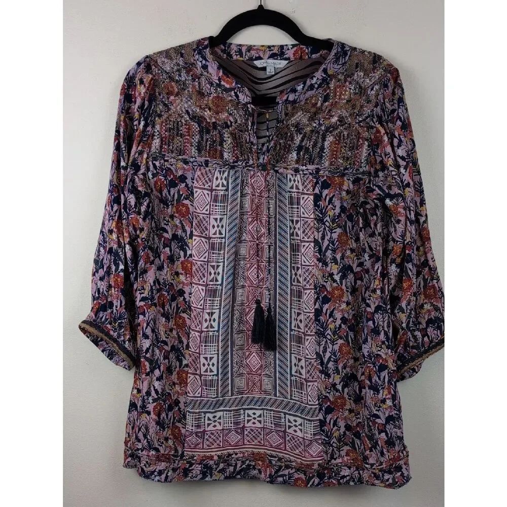 John Mark Boho Floral Geometric Print Peasant Top Pink Multi Embroidered Size S